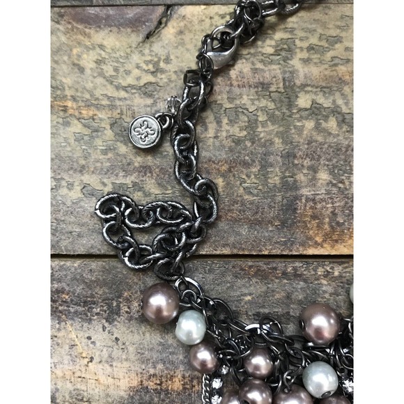 Gray & Brown Faux Pearls & Rhinestones Chain Fringe Necklace Adjustable 17"-20" - Picture 3 of 4